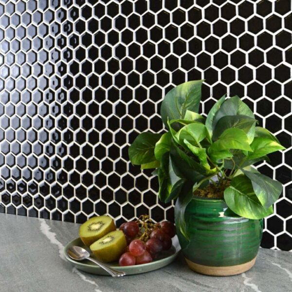 Pixel Black 23x23 Hexagon Gloss Mosaic Tiles'