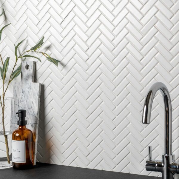 Pixel White Herringbone Matt 22x73 Mosaic Tiles