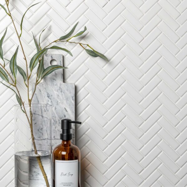 Pixel White Herringbone Matt 22x73 Mosaic Tiles - Image 3