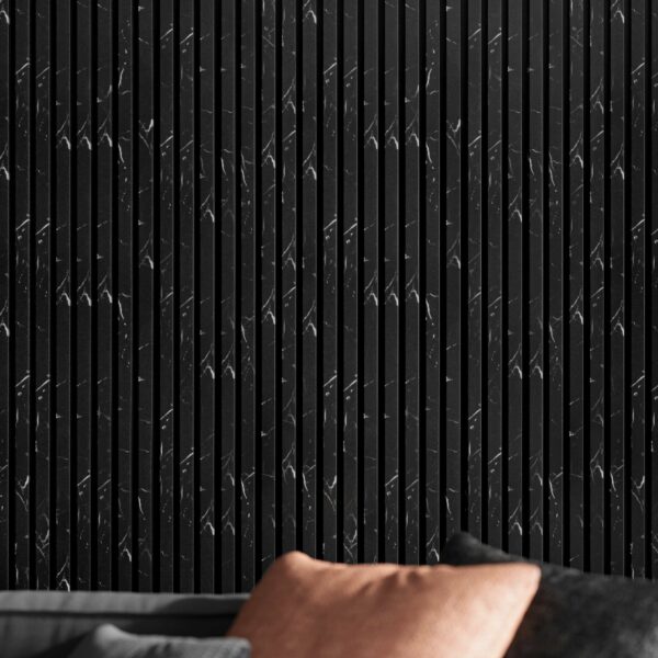 Trepanel Design Black Marble Effect on Black Felt Acoustic Wood Slat Panels - Image 3