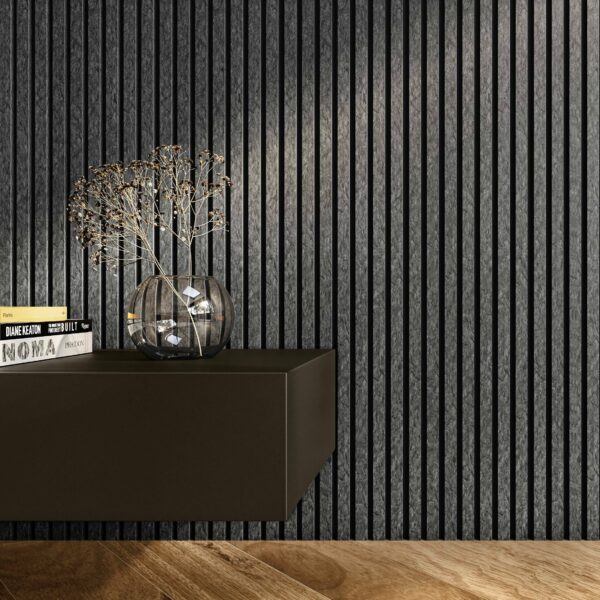 Trepanel Design Grey Slate Effect on Black Felt Acoustic Wood Slat Panels - Image 3