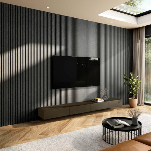 Trepanel Design Grey Slate Effect on Black Felt Acoustic Wood Slat Panels