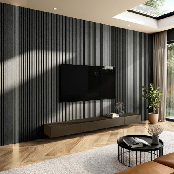 Trepanel Design Grey Slate Effect on Black Felt Acoustic Wood Slat Panels - Image 5