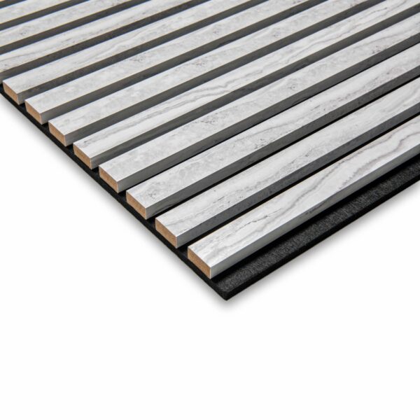 Trepanel Design White Marble Effect on Black Felt Acoustic Wood Slat Panels - Image 4