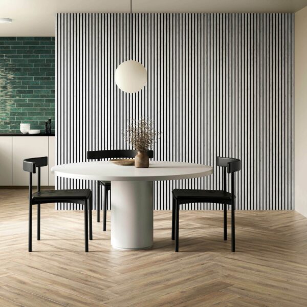 Trepanel Design White Marble Effect on Black Felt Acoustic Wood Slat Panels